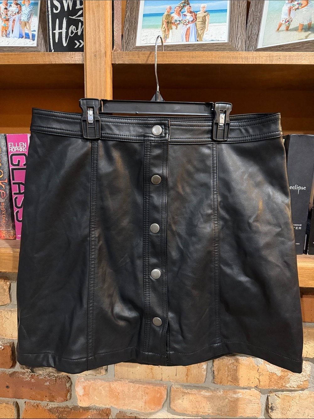 Black Faux Leather Button-Front Mini Skirt Sz Large
